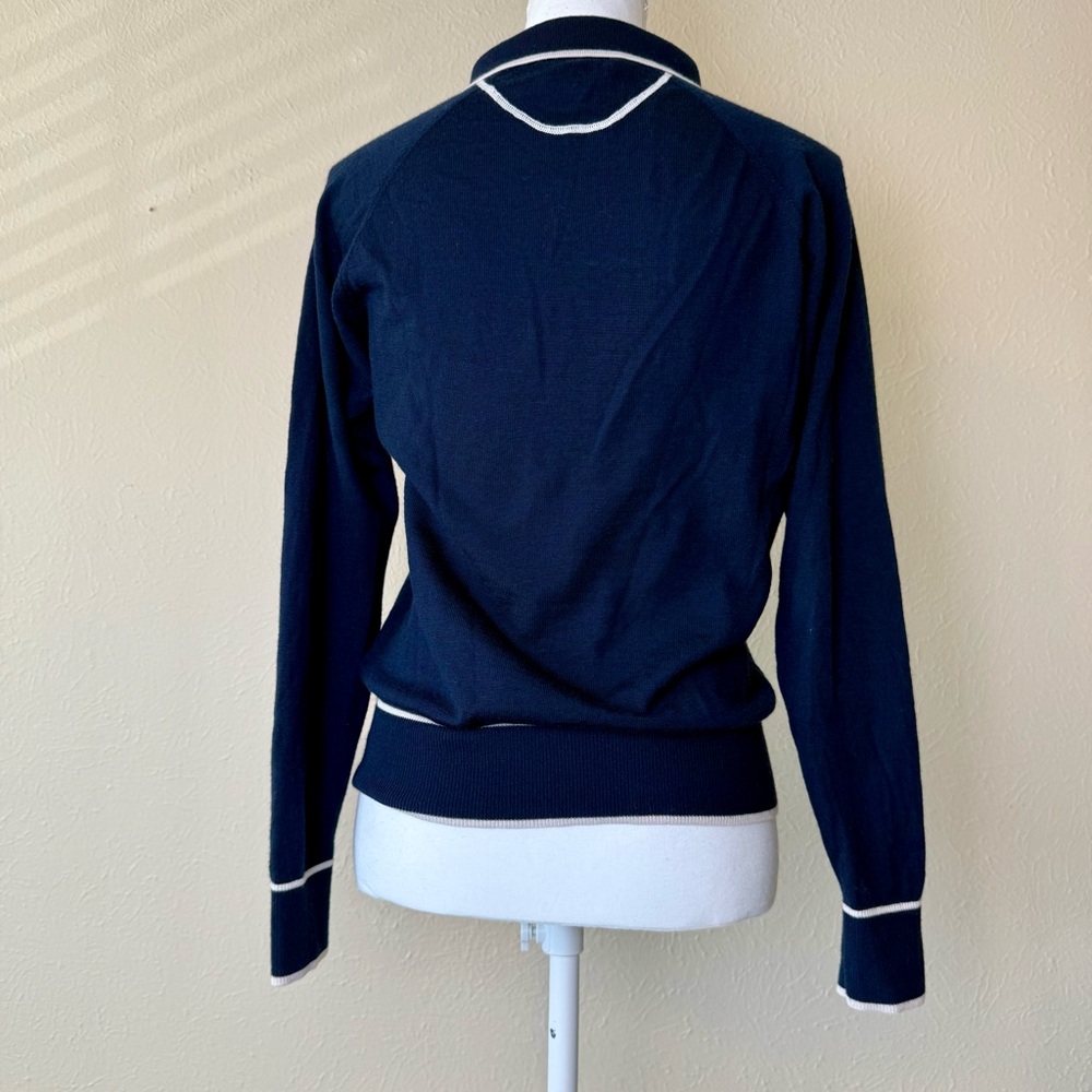 Chloe Stora Women’s Merino Wool V-Neck Collared Sweater Polo Navy and White - Picture 2 of 6